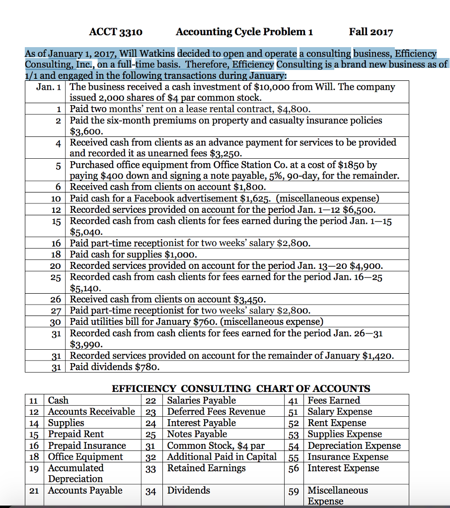  1. Set up a T account ledger based upon the Chart