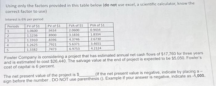  Using only the factors provided in this table below (do not