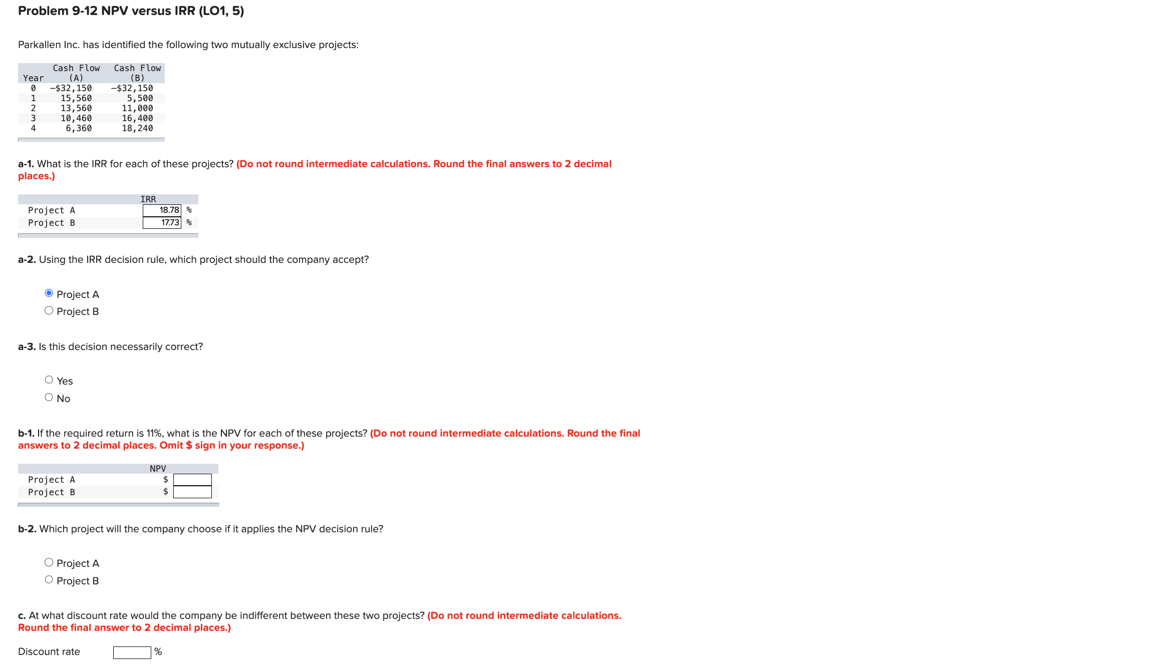  Problem 9-12 NPV versus IRR LO1,5) Parkallen Inc. has identified the