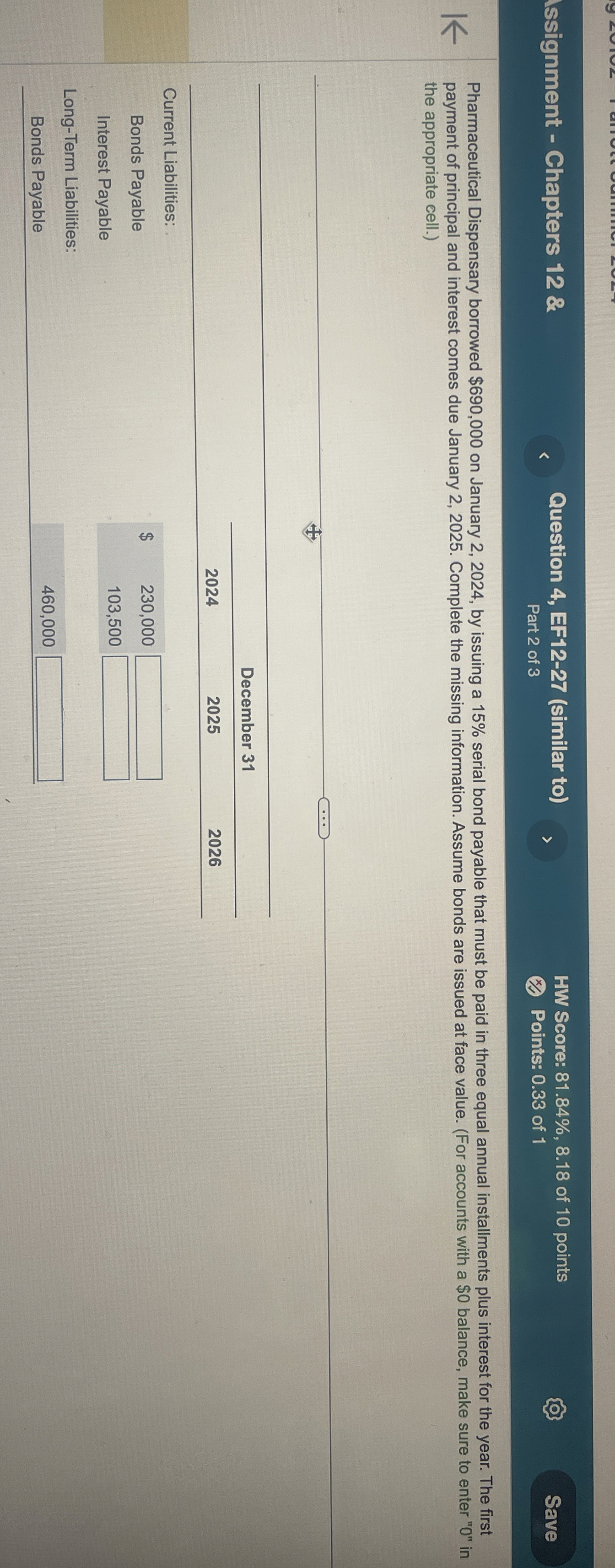  Issignment - Chapters 12 & Question 4, EF12-27(similar to) HW Score: