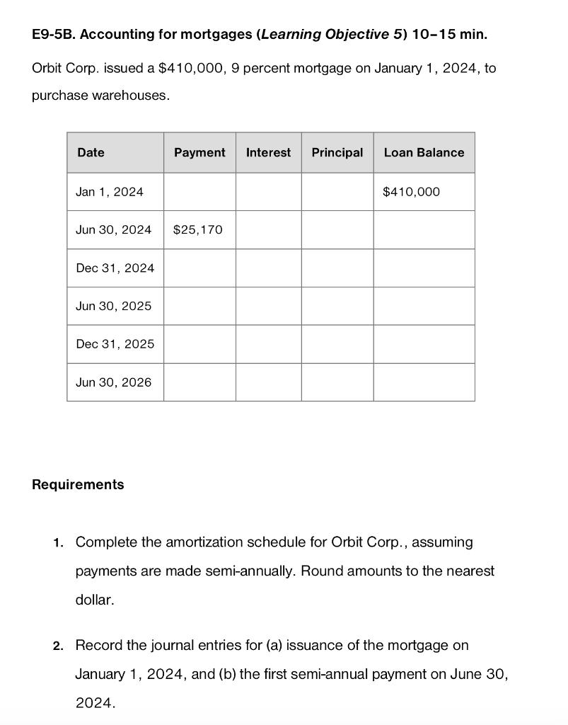 E9-5B. Accounting for mortgages (Learning Objective 5) 10-15 min. Orbit Corp.