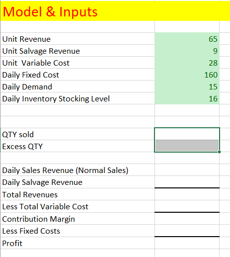 kiosk owner. (Input parameters specified with the green cells). To be able