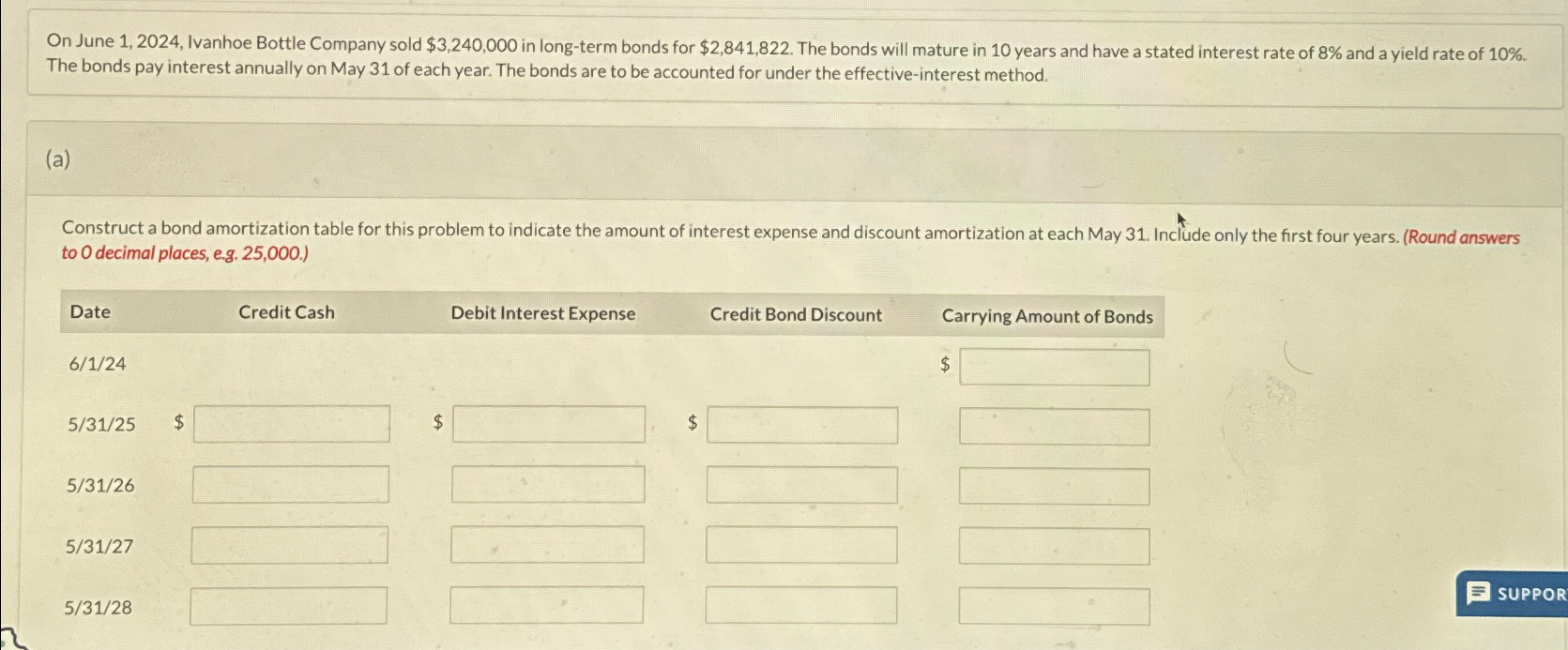  On June 1,2024, Ivanhoe Bottle Company sold $3,240,000 in long-term bonds