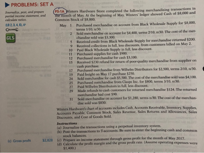  PROBLEMS: SET A Journalize, post, and prepare P5-1A Winters Hardware Store
