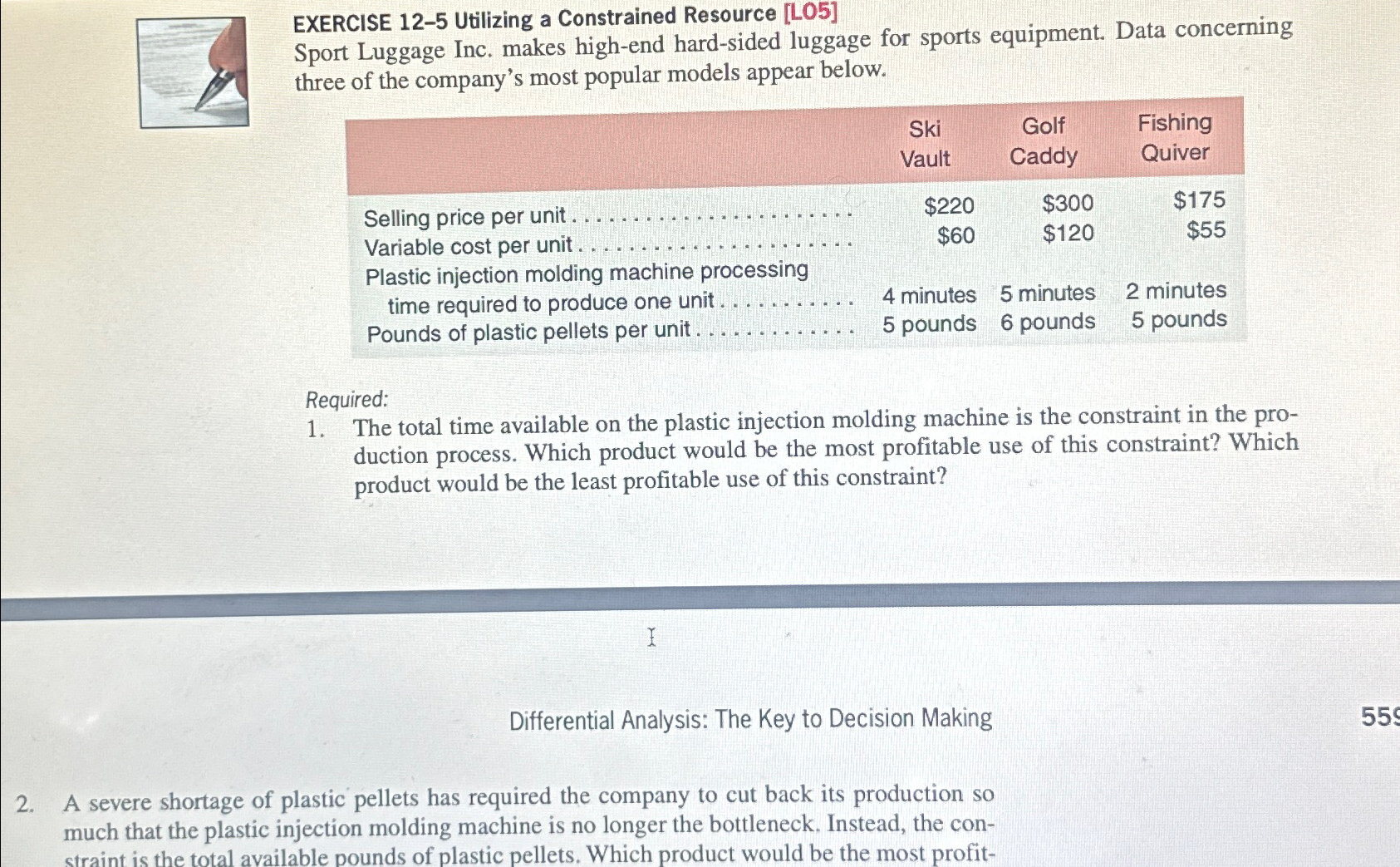  EXERCISE 12-5 Utilizing a Constrained Resource [LO5] Sport Luggage Inc. makes