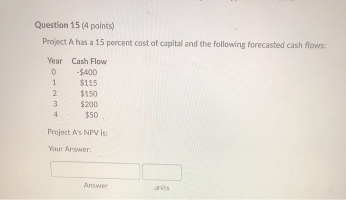 Question 15 (4 points) Project A has a 15 percent cost