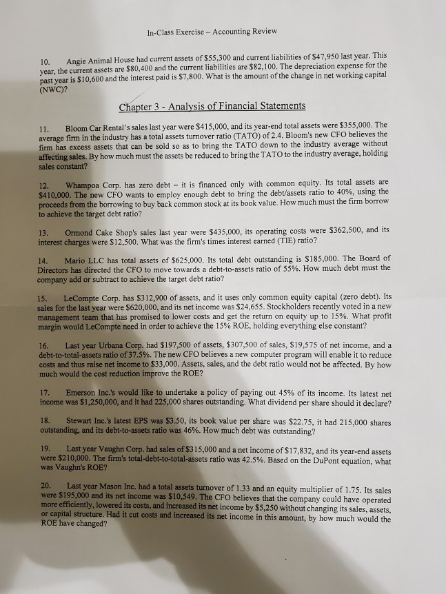  pls answer all the questions and show the work In-Class Exercise