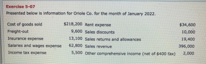 please fill in the missing blanks Exercise 5-07 Presented below is information