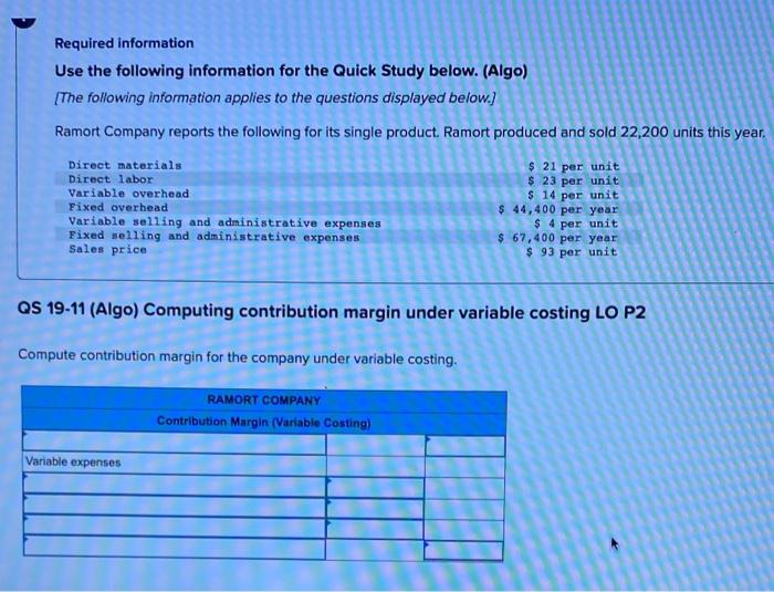  Required information Use the following information for the Quick Study below.