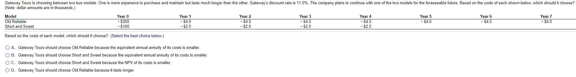  Gateway Tours is choosing between two bus models. One is more