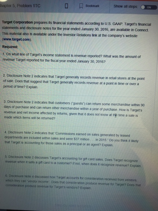  Bookmark Show all steps ON hapter 5, Problem 1TC Target Corporation