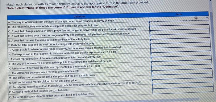  Match each definition with its related term by selecting the appropriate