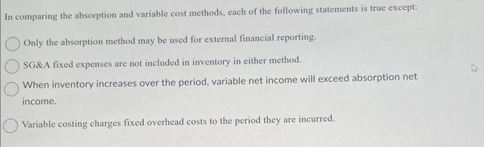  i comparing the absorption and variable cost methods, each of the