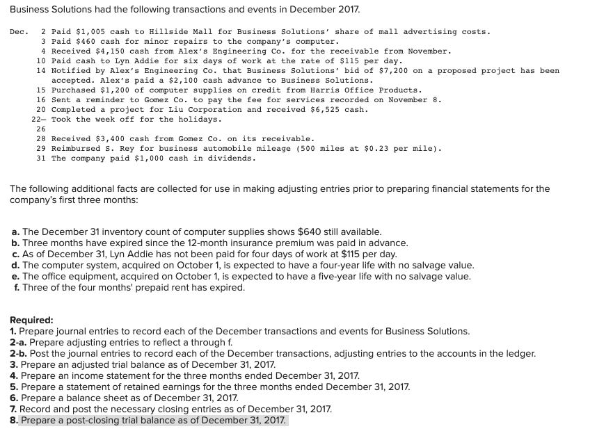 of December 31, 2017. (If no entry is required for a transaction/event,