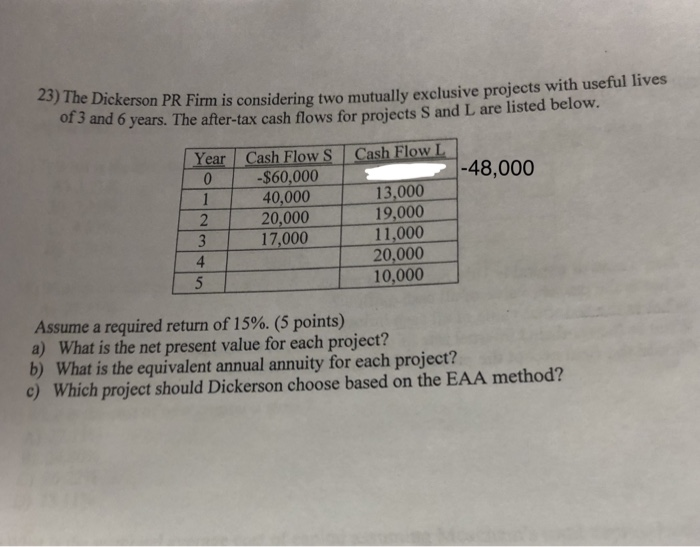  23) the Dickerson PR Firm is considering two mutually exclusive projects