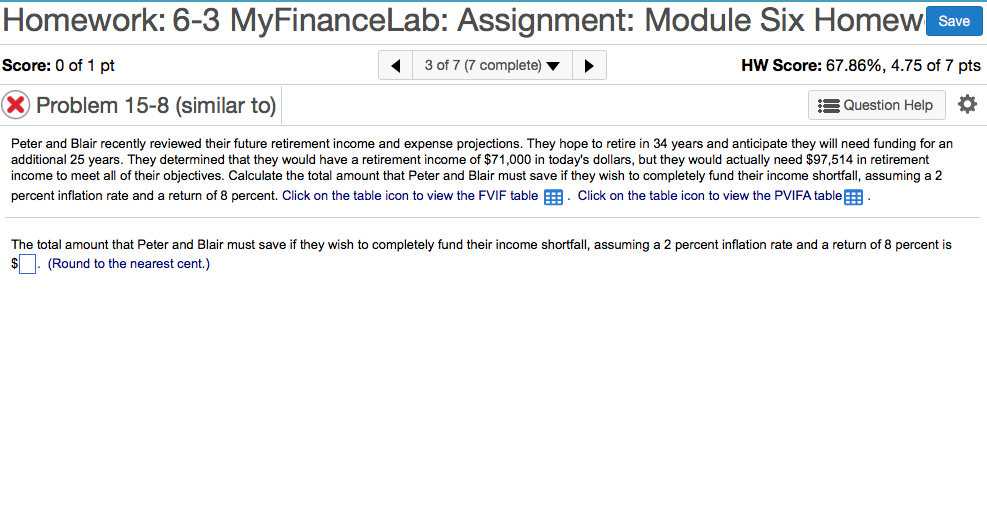 need help solving please Homework: 6-3 MyFinanceLab: Assignment: Module Six Homew Save