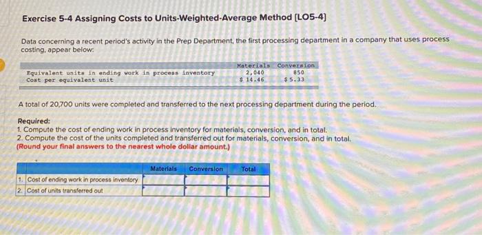  Exercise 5-4 Assigning Costs to Units-Weighted-Average Method [LO5-4] Data concerning a
