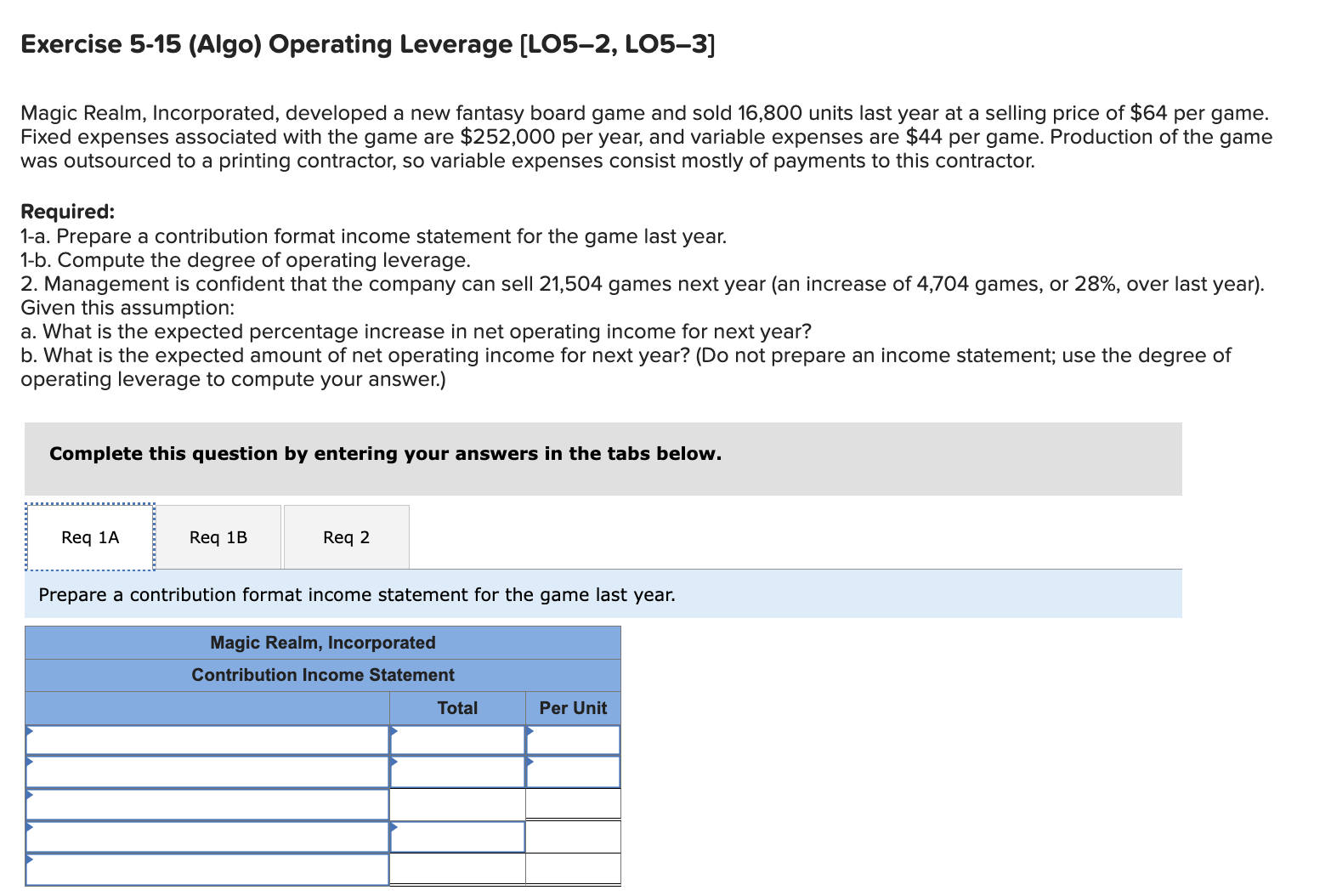 PLZ HELP Exercise 5-15 (Algo) Operating Leverage [LO5-2, LO5-3] Magic Realm, Incorporated,