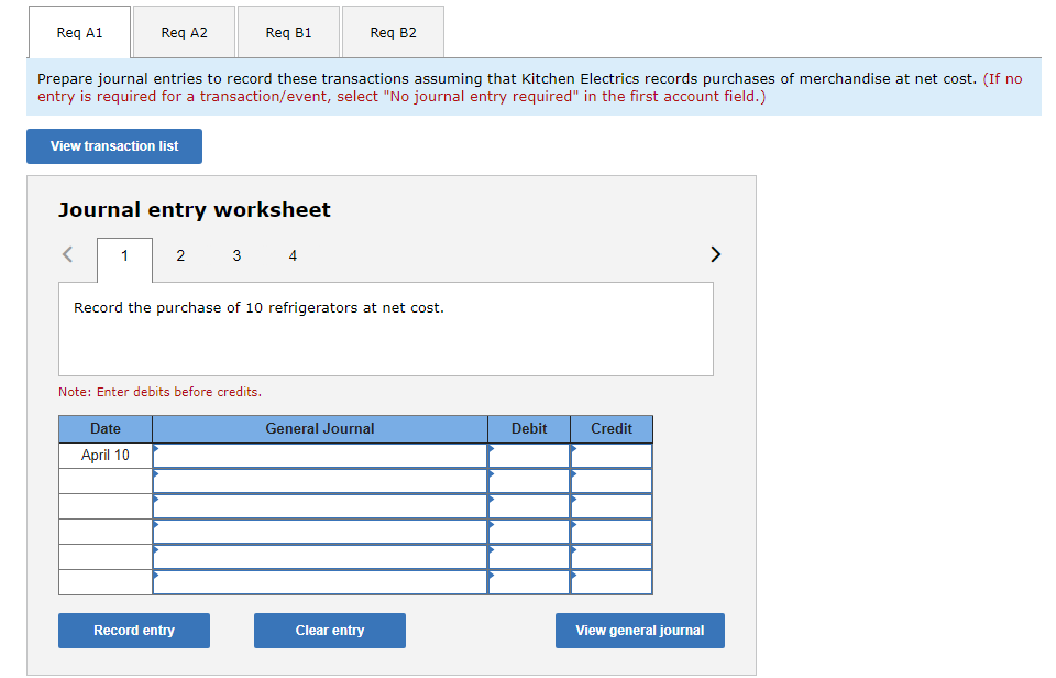 recent merchandising transactions. Apr. 10 Purchased 10 refrigerators from Polar Co. on