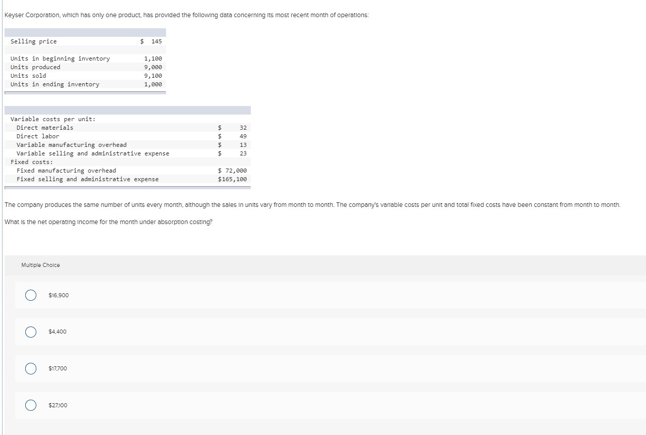 Need help asap please Keyser Corporation, which has only one product, has