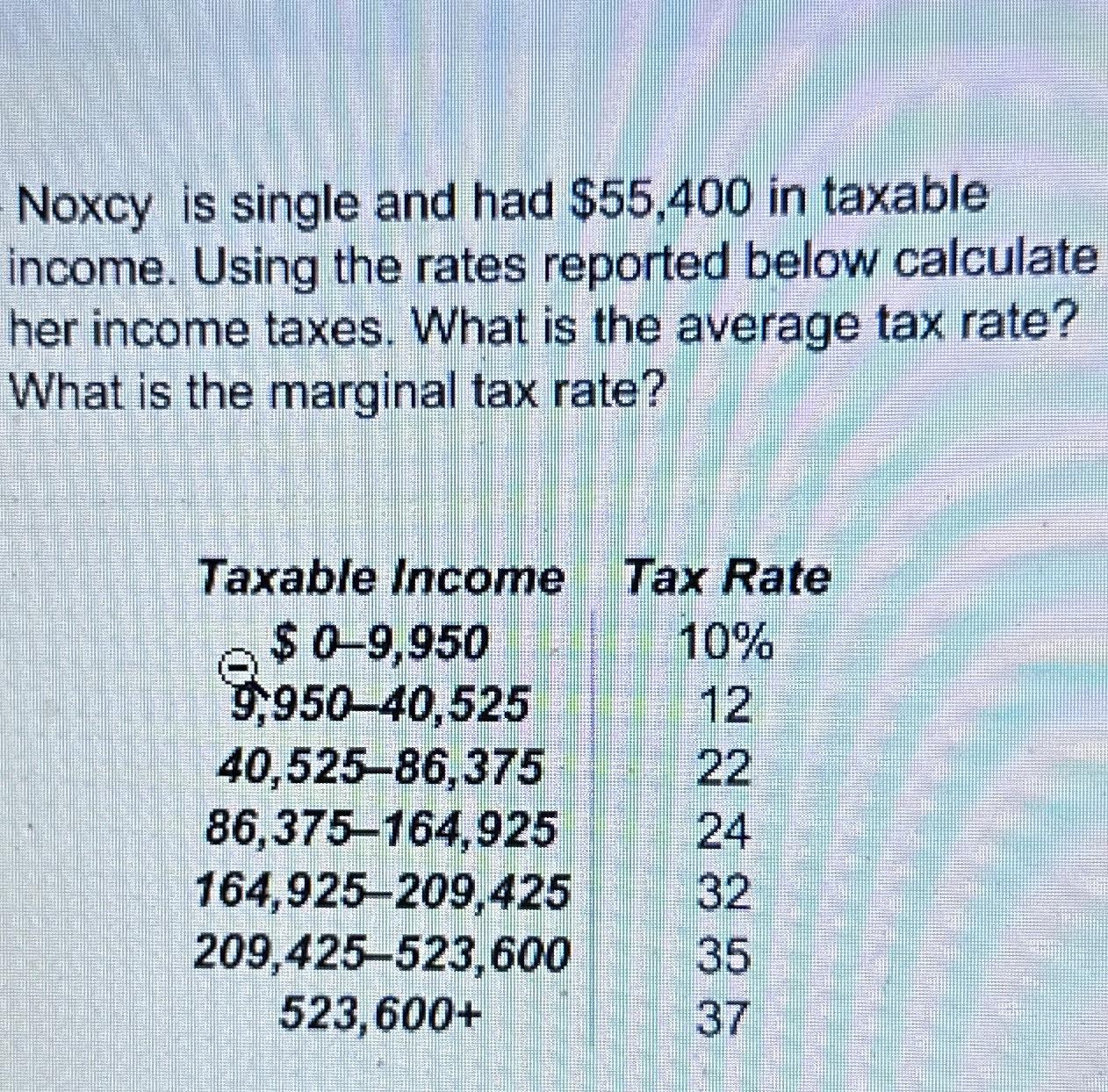  Noxcy is single and had $55,400 in taxable income. Using the