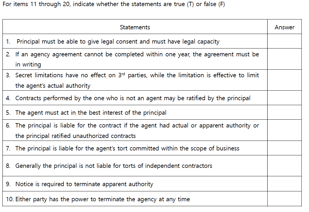 For items 11 through 20, indicate whether the statements are true