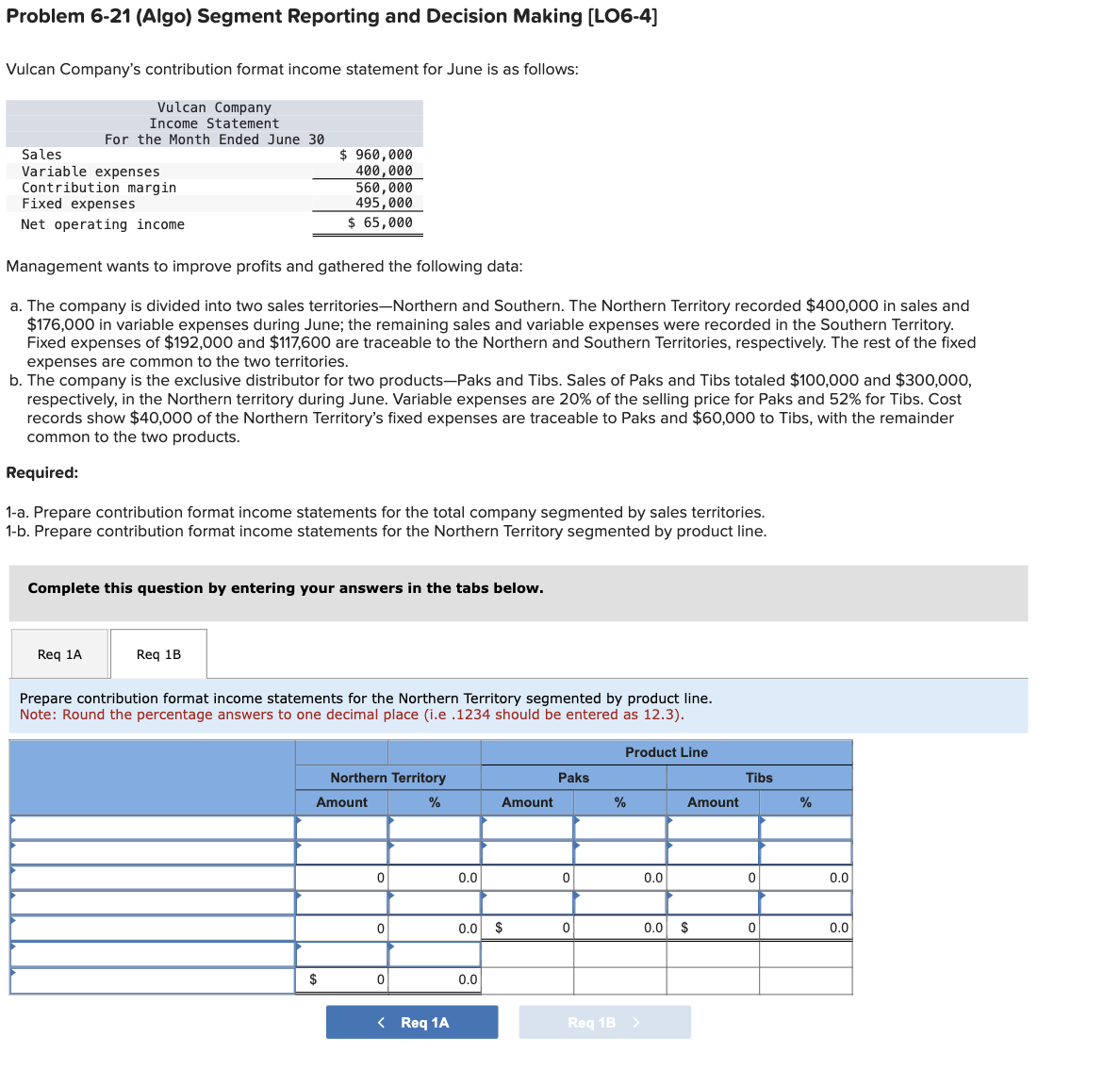  Problem 6-21 (Algo) Segment Reporting and Decision Making [LO6-4] Vulcan Company's