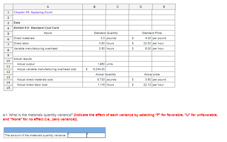  A B D E 1 Chapter 09: Applying Excel 2 3