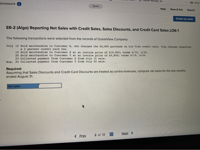  U . U Lauren Maragh M Homework Other Help Save &
