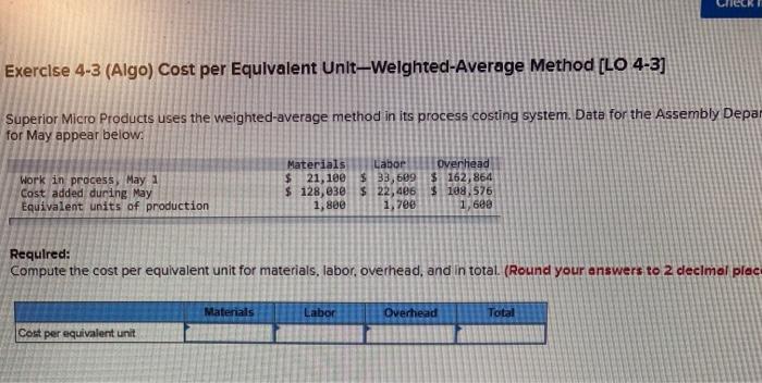 Exerclse 4-3 (Algo) Cost per Equivalent Unit-Welghted-Average Method [LO 4-3] Superior