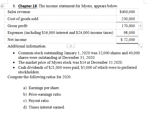 8. Chapter 18. The income statement for Myers, appears below. Sales