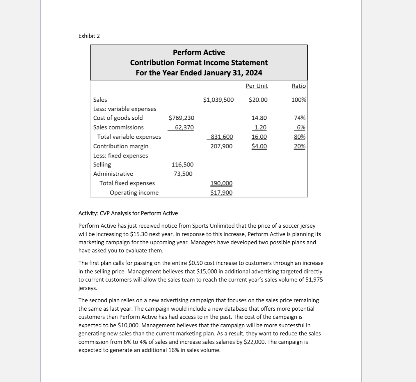  Exhibit 2 1) Using the information in Perform Actives income statement