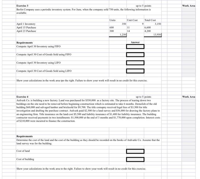 please help Work Area Exercise 3 up to 5 points Berlin Company