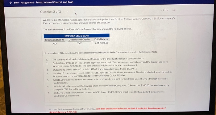  + MO7. Assignment - Fraud, Internal Control and Cash -/30 Question