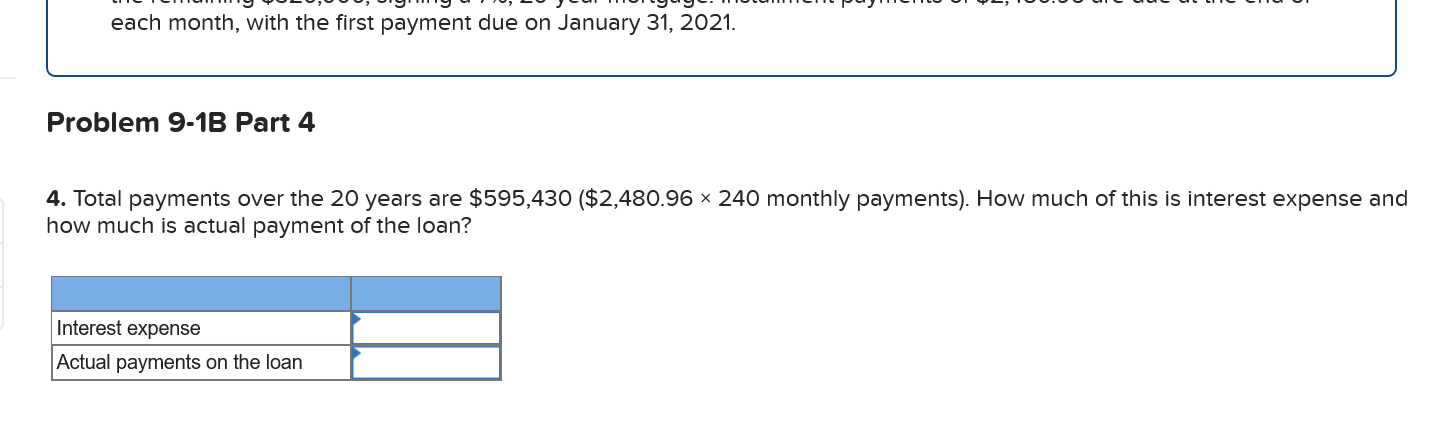 of each month, with the first payment due on January 31, 2021.