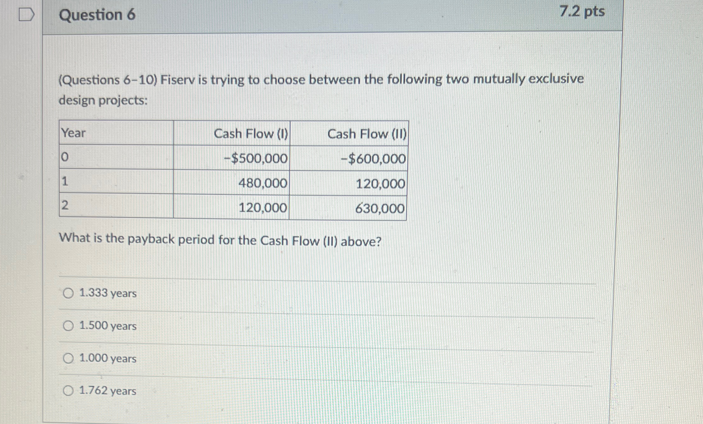  Question 6 7.2 pts (Questions 6-10) Fiserv is trying to choose
