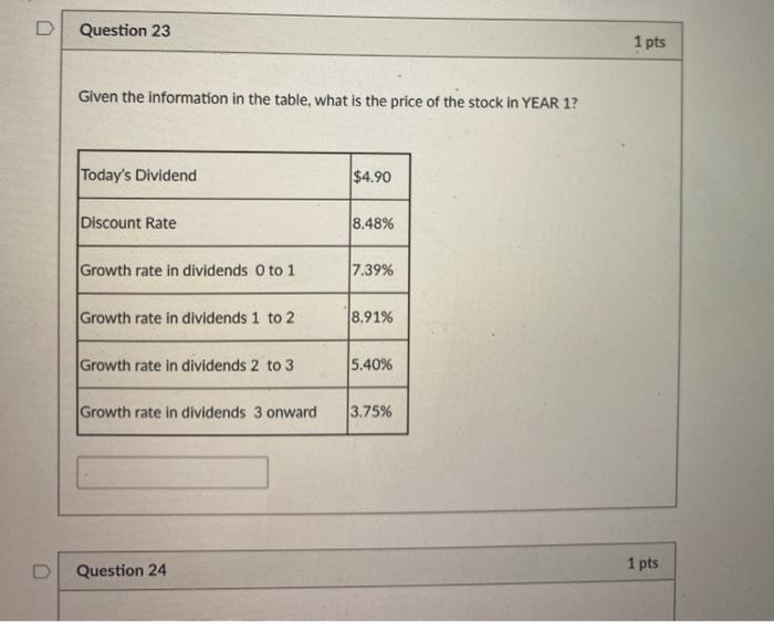  Question 23 1 pts Given the information in the table, what