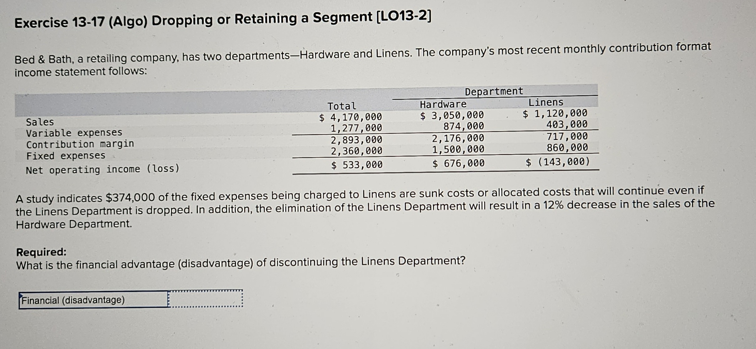  Exercise 13-17(Algo) Dropping or Retaining a Segment [LO13-2] Bed & Bath,