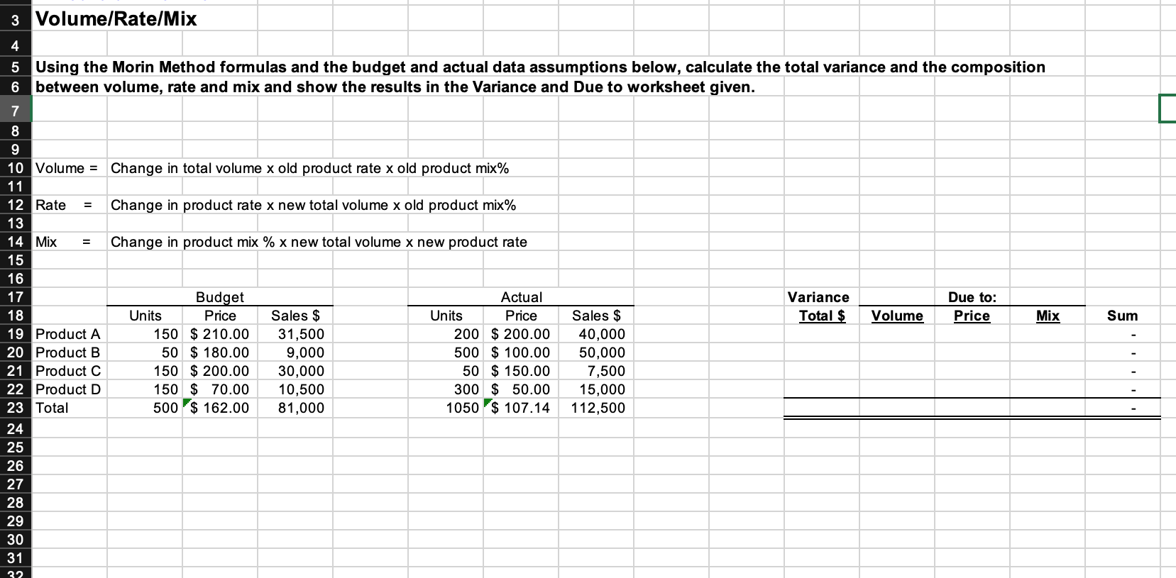  3 Volume/Rate/Mix Using the Morin Method formulas and the budget and