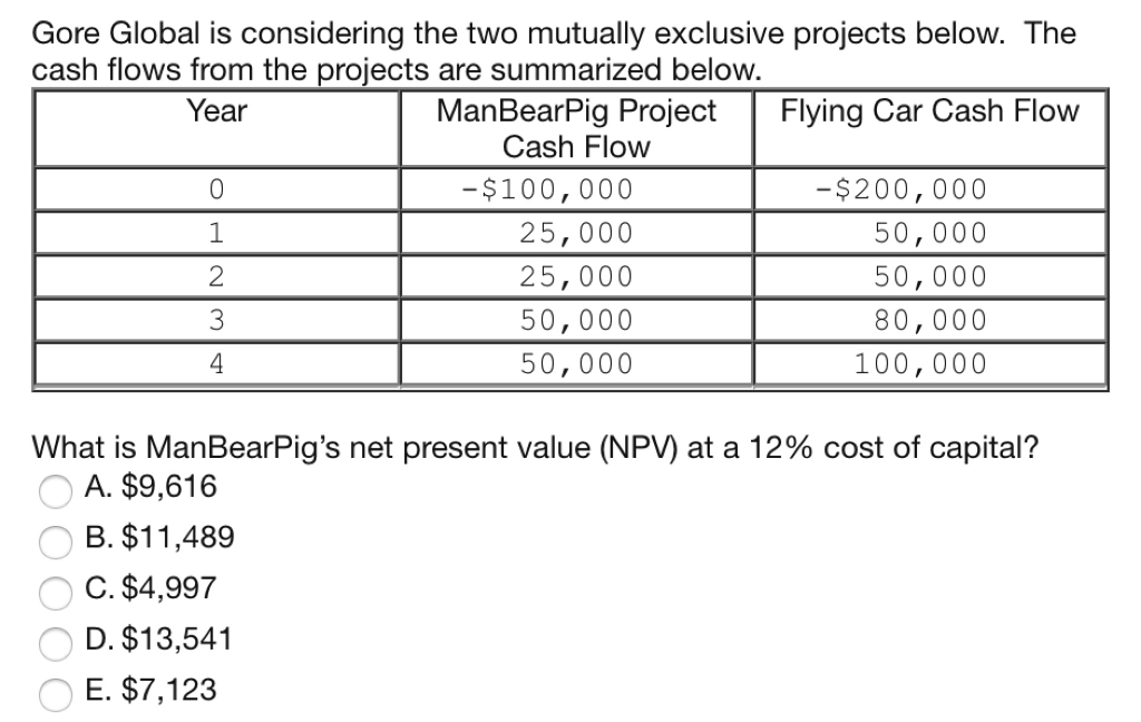  Gore Global is considering the two mutually exclusive projects below. The