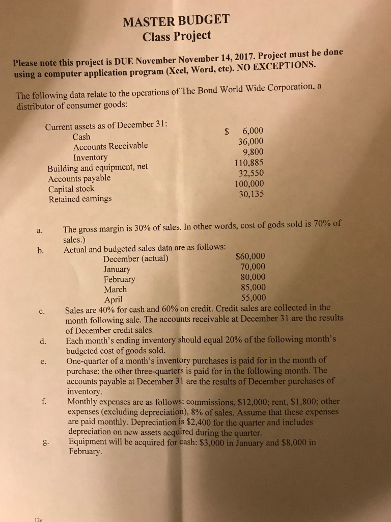  MASTER BUDGET Class Project Please note this project is DUE November