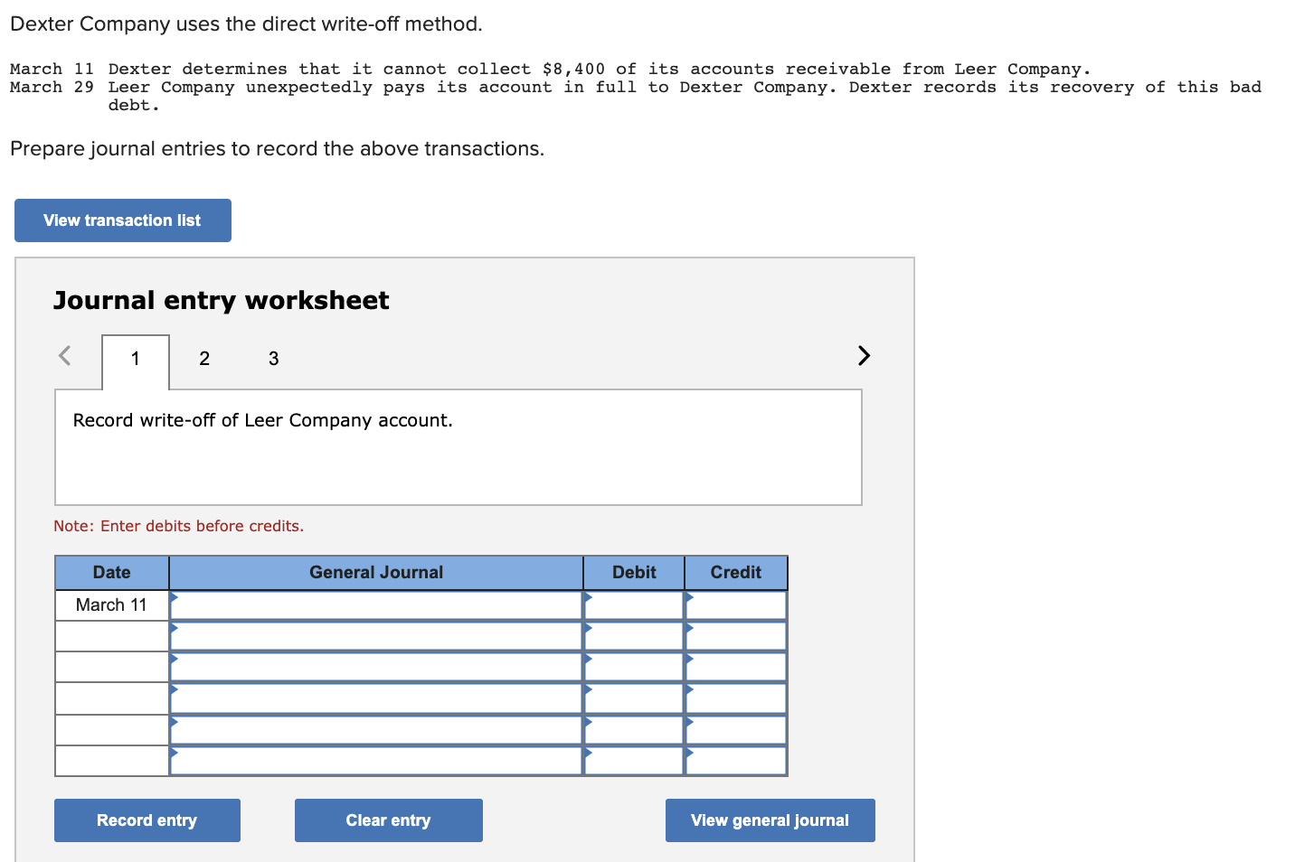 Dexter Company uses the direct write-off method. March 11 Dexter determines
