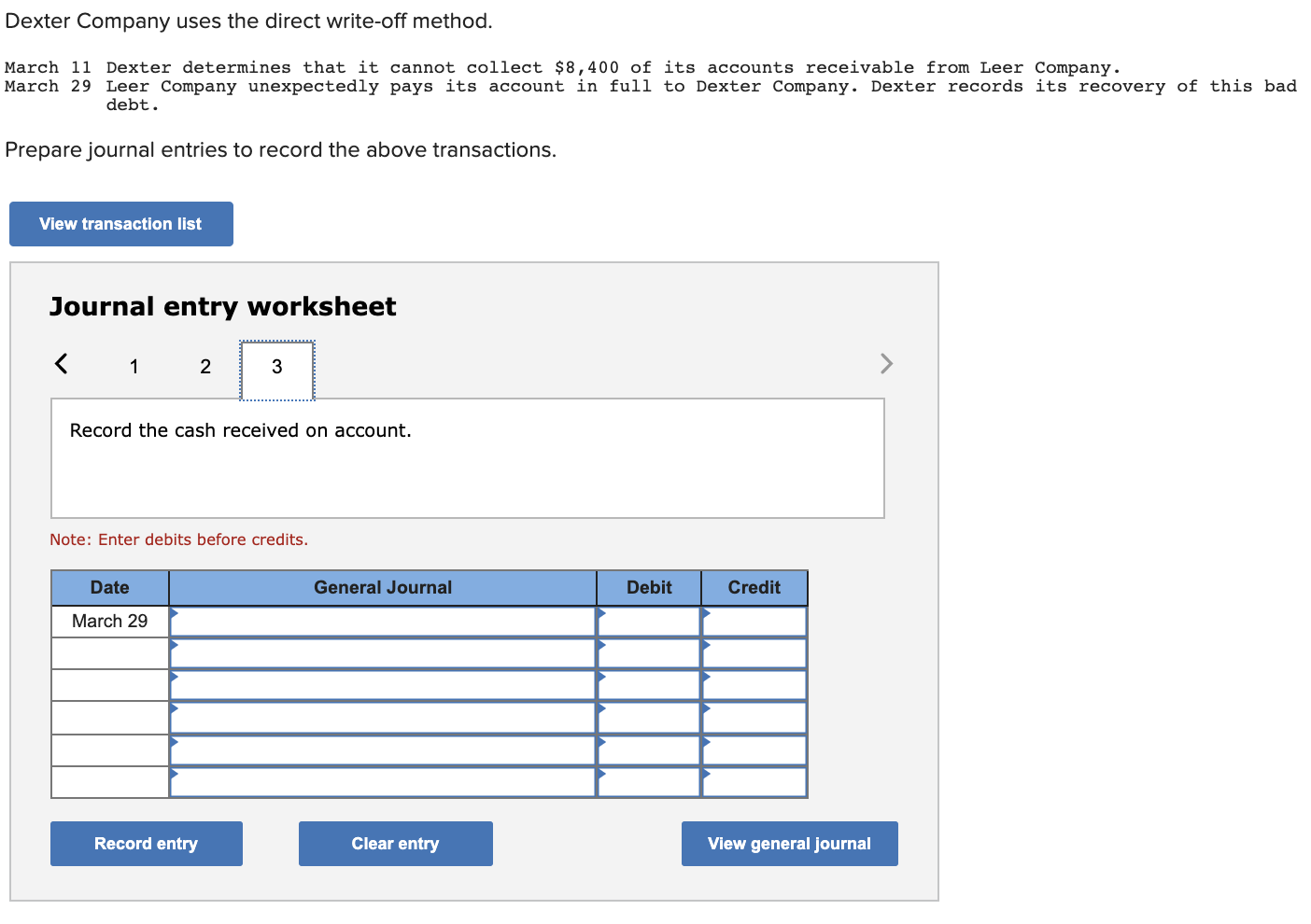 March 29 Leer Company unexpectedly pays its account in full to Dexter