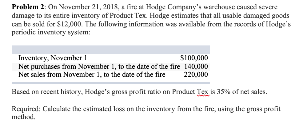 Problem 2: On November 21, 2018, a fire at Hodge Company's