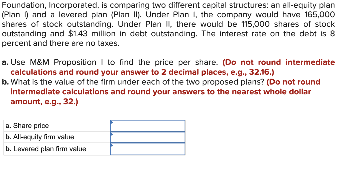  Foundation, Incorporated, is comparing two different capital structures: an all-equity plan