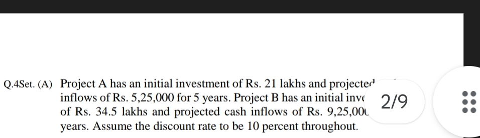  Q.4Set. (A) Project A has an initial investment of Rs.21 lakhs