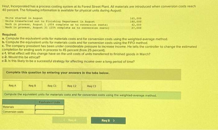 help? 3 Hoyt, Incorporated has a process costing system at its Forest
