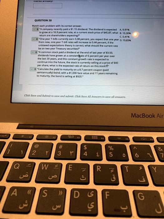  standay QUESTION 20 Match each problem with its correct answer "A