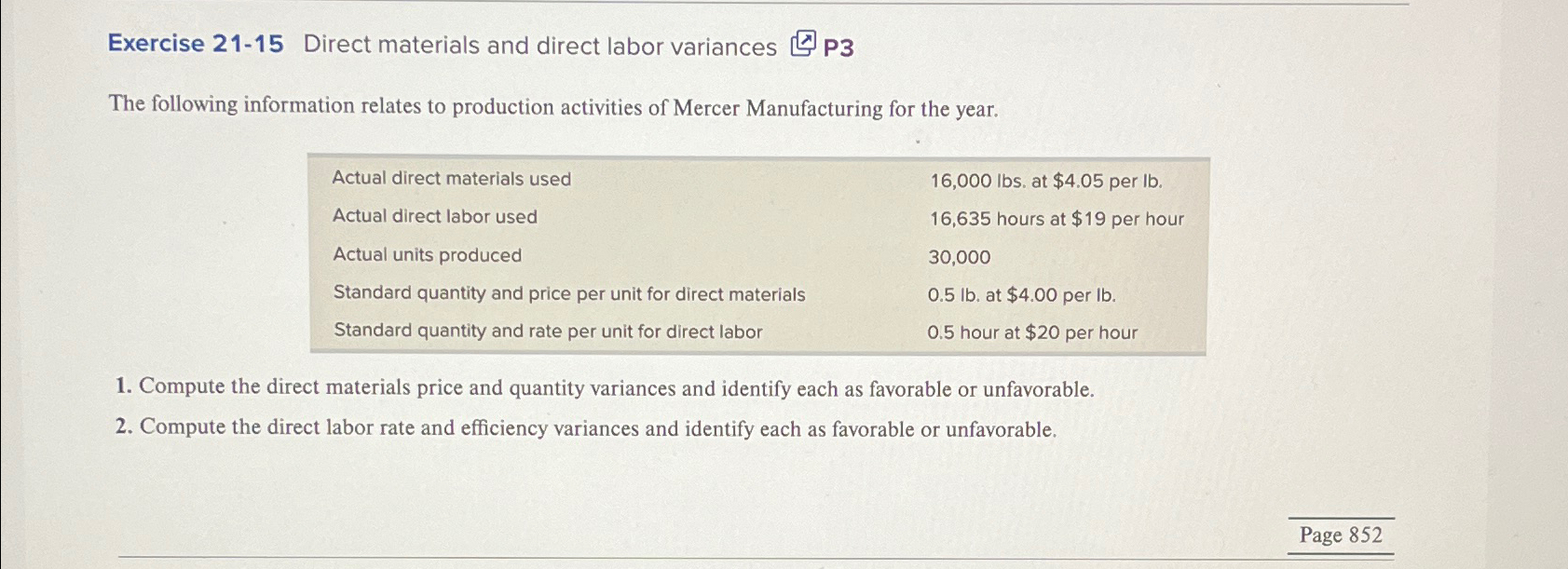  Exercise 21-15 Direct materials and direct labor variances P3 The following