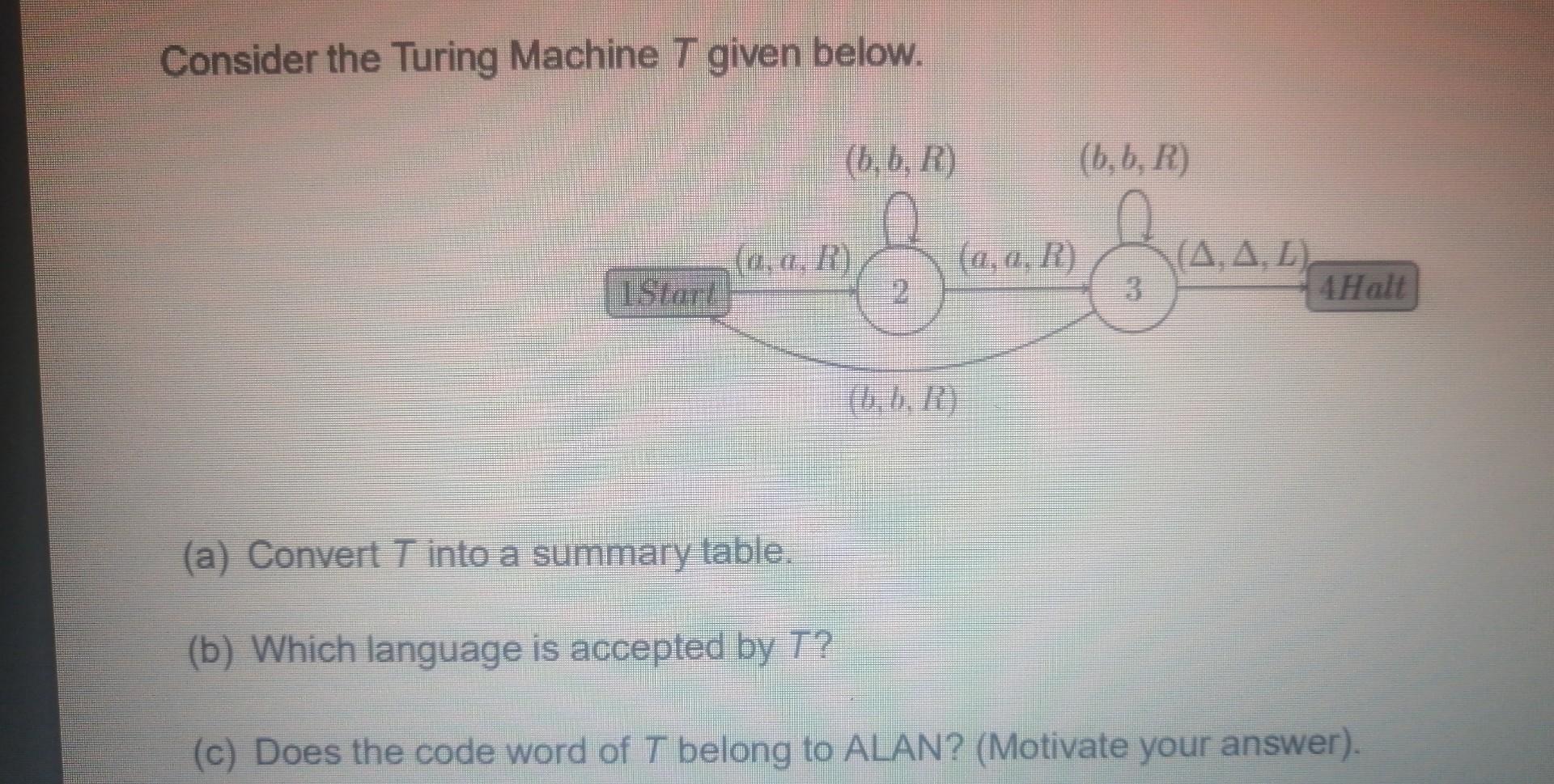  Consider the Turing Machine T given below. (a) Convert T into